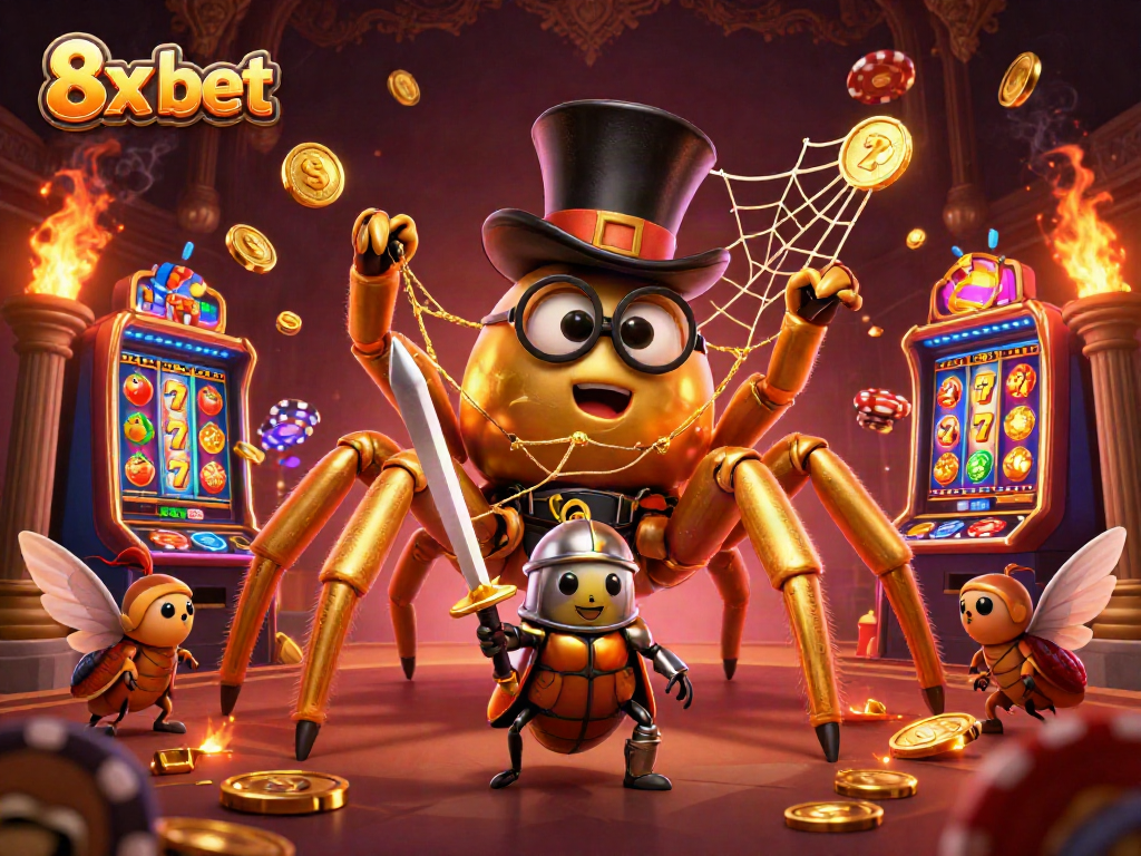 The illustration showcases a vibrant casino scene featuring a giant golden tarantula with a web of gold near the brand 8x bet, attracting beetle knights.