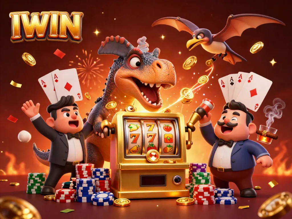 IWIN celebrates a dynamic casino scene featuring a dinosaur, slot machine, and poker elements