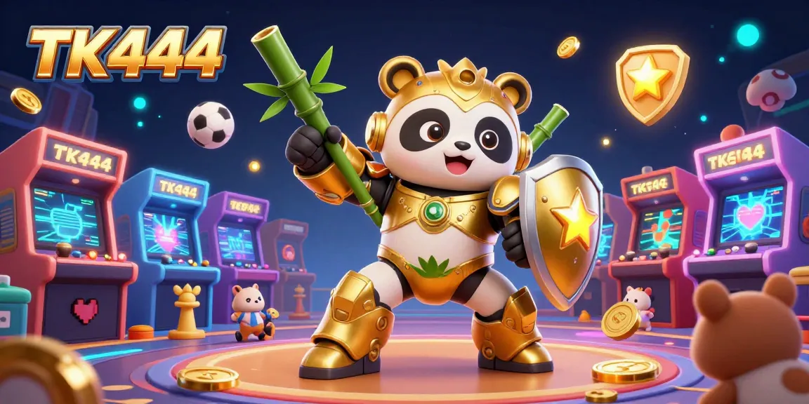 Join the action at TK444 with a vibrant 3D cartoon scene featuring a golden panda and fun gaming elements.