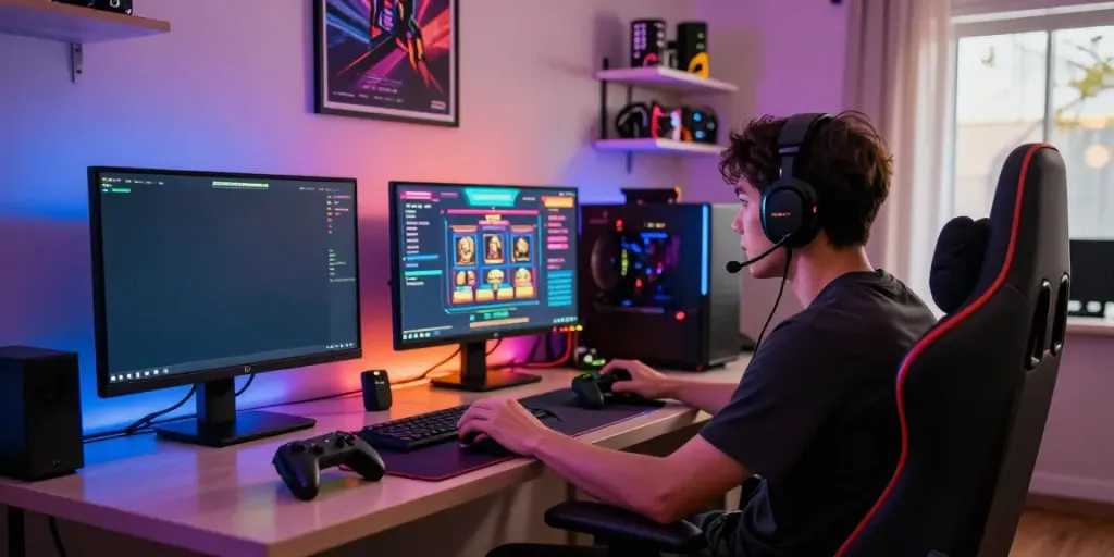 Player engaged in slot gacor hari ini gameplay in a modern gaming room.