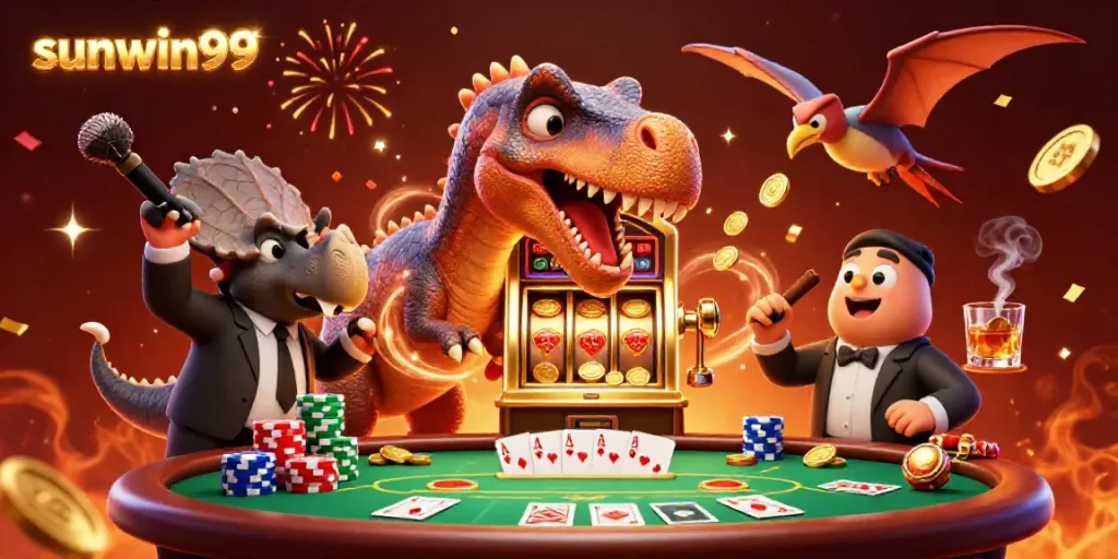 Experience thrilling action with sunwin99 in a dynamic casino scene featuring playful dinosaurs.