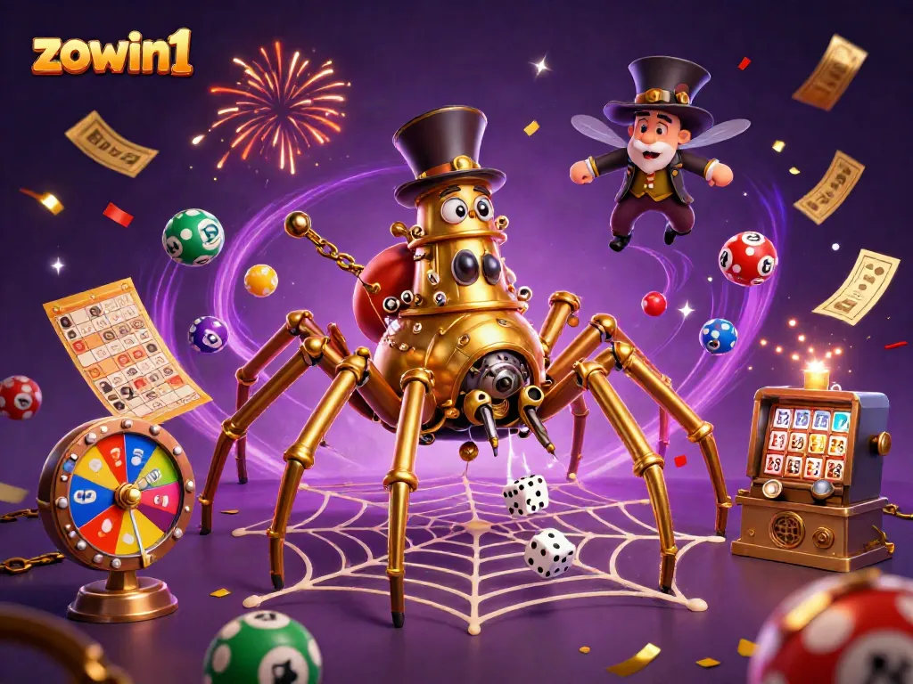 Engage with the thrilling world of gambling at zowin1, featuring a steampunk spider and colorful lottery elements.
