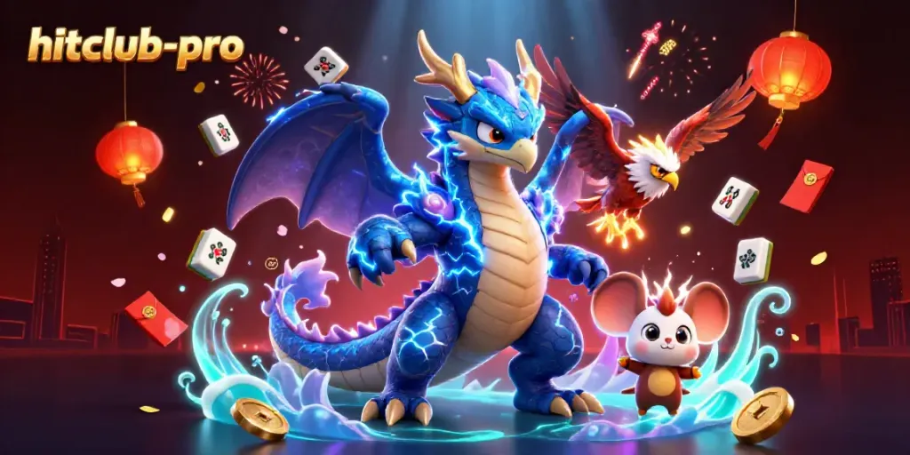 Experience thrilling gameplay with hitclub-pro, featuring a dynamic dragon and hawk in a vibrant casino illustration.
