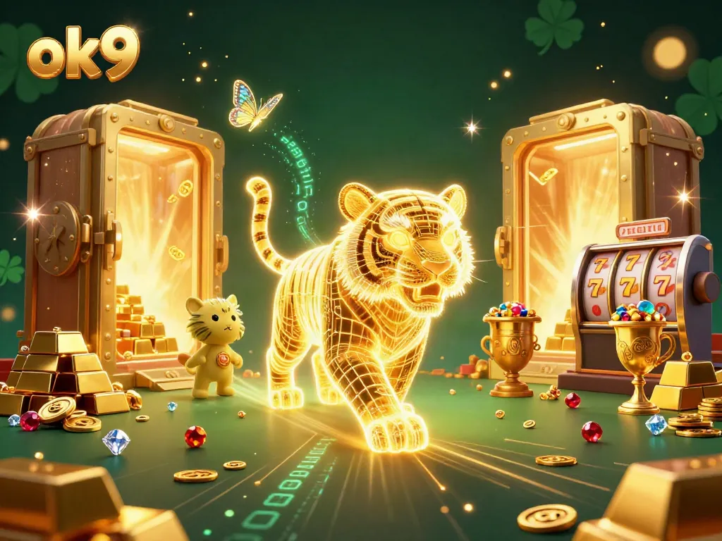 Experience the vibrant energy of ok9 in a 3D casino landscape with golden tiger and gems.