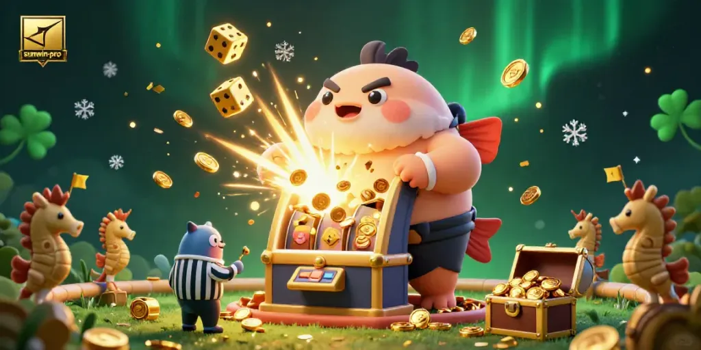 Experience the excitement of sunwin-pro with 3D cartoon characters celebrating a jackpot at a vibrant casino scene.