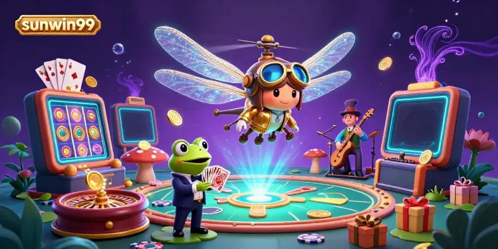 Experience the vibrant gaming atmosphere of sunwin99 with a lively frog croupier, dragonfly pilot, and jazz musicians.
