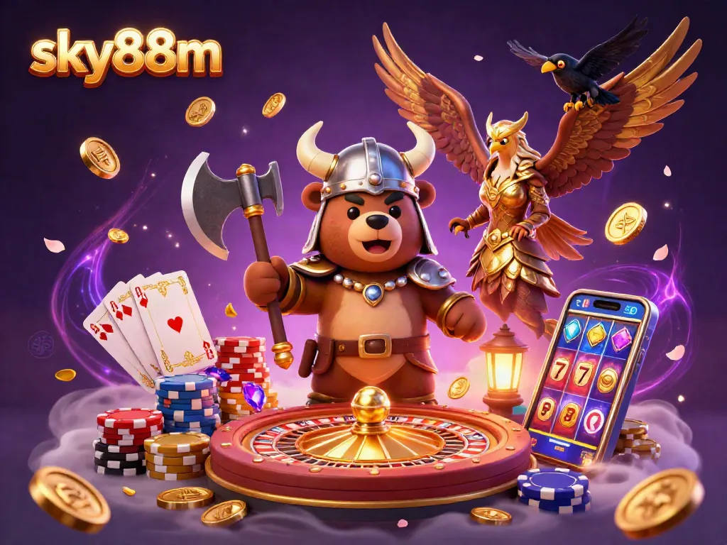 Engage with the thrilling adventures of sky88m through a vibrant 3D illustrated casino scene.