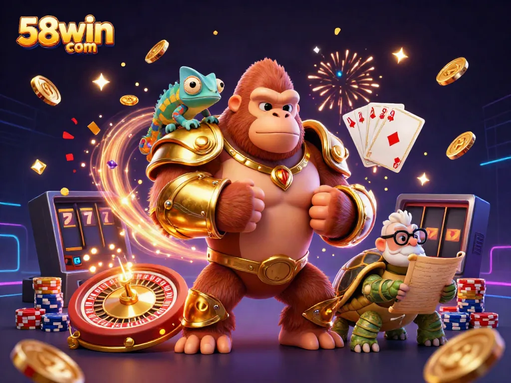 Engage with thrilling gameplay experiences at 58win com, where a powerful gorilla, chameleon, and tortoise highlight gaming excitement.