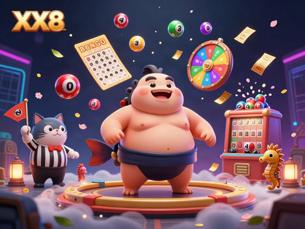 Experience the excitement of XX8 with a vibrant underwater casino scene showcasing a fugu, catfish referee, and seahorse fans.