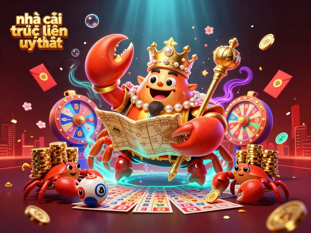 Experience the thrill of lottery gaming with "nhà cái trực tuyến uy tín," featuring a golden crab emperor and dynamic elements.