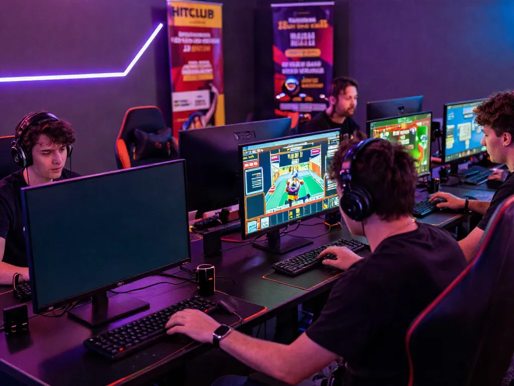 Players enjoying the HITCLUB gaming experience with interactive screens and dynamic lighting.