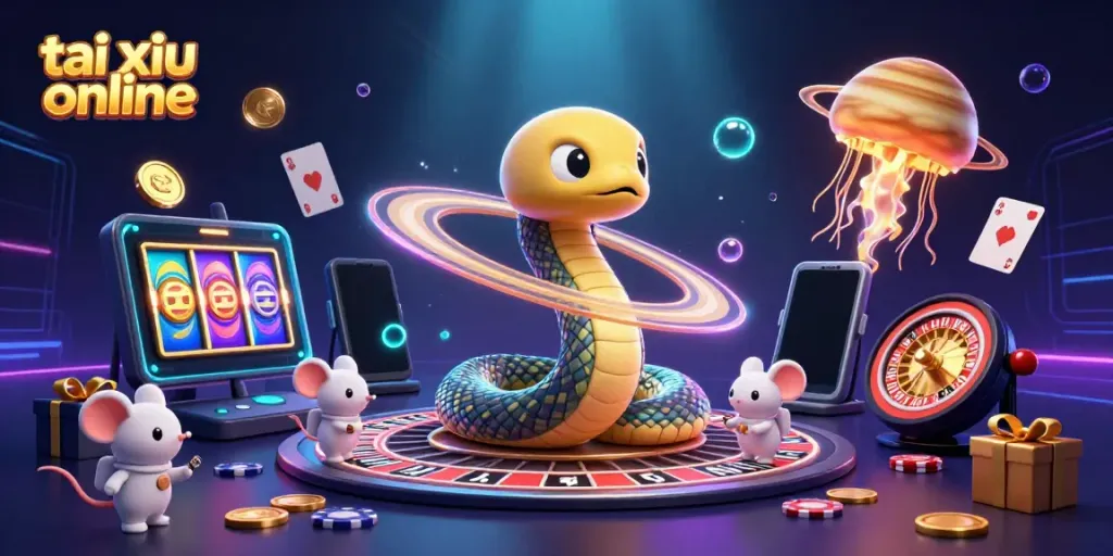 Engage in thrilling tai xiu online action with a vibrant cosmic casino illustration featuring slot games, colorful characters, and dynamic game elements.