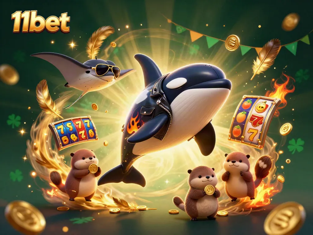 Win big with 11bet as the orca jumps in a lively casino scene full of vibrant game elements.