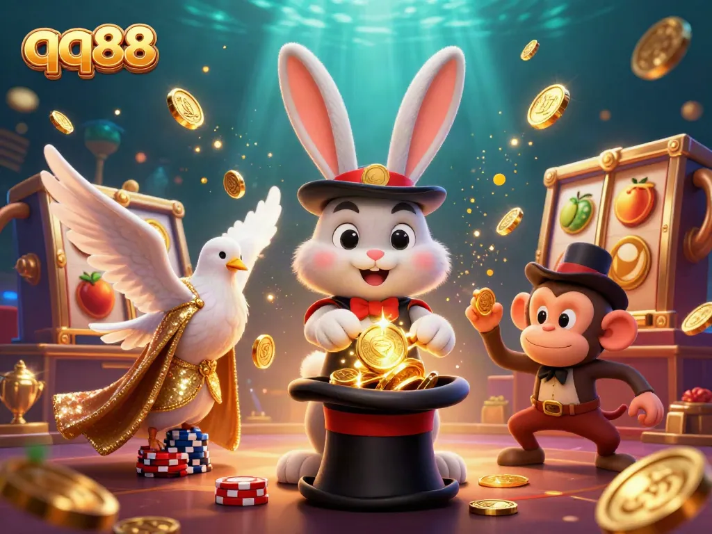 Experience the magic of qq88 with a cartoon magician rabbit, dove assistant, and monkey playing poker amidst casino elements.