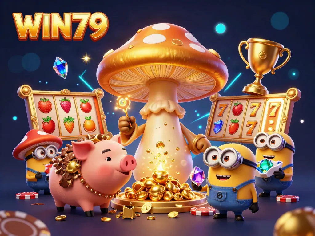 Experience the magic of WIN79 in this vibrant illustration with a golden mushroom wizard and dynamic slot elements.