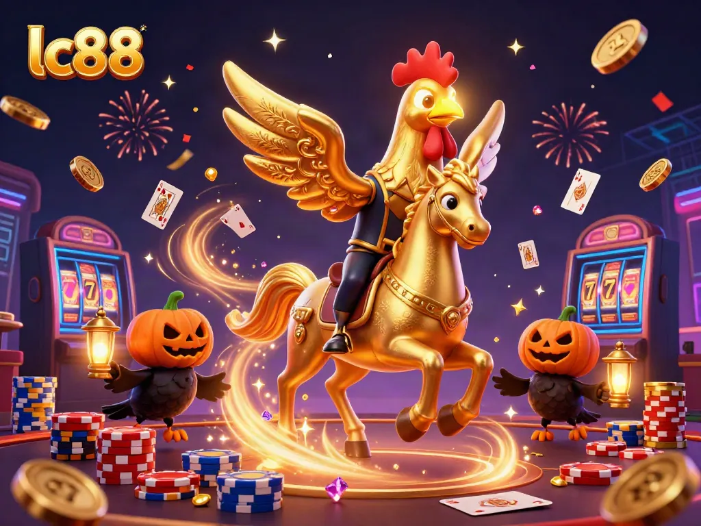 Join the thrilling lc88 casino experience with the golden rooster, vibrant coins, and festive atmosphere.