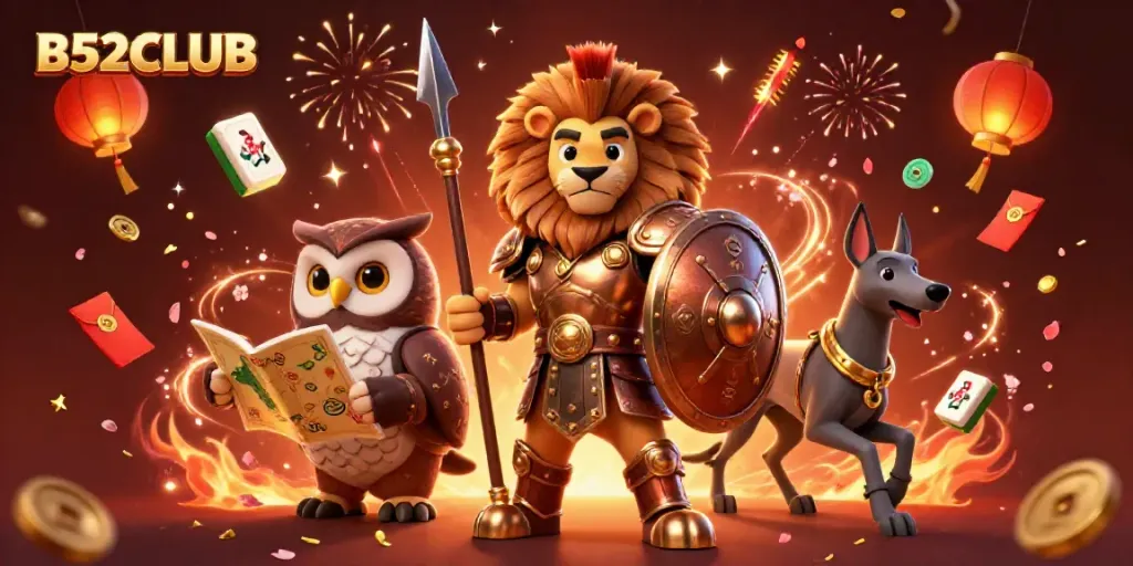 B52CLUB showcase with a heroic Spartan lion, owl strategist, and greyhound, surrounded by festive elements.