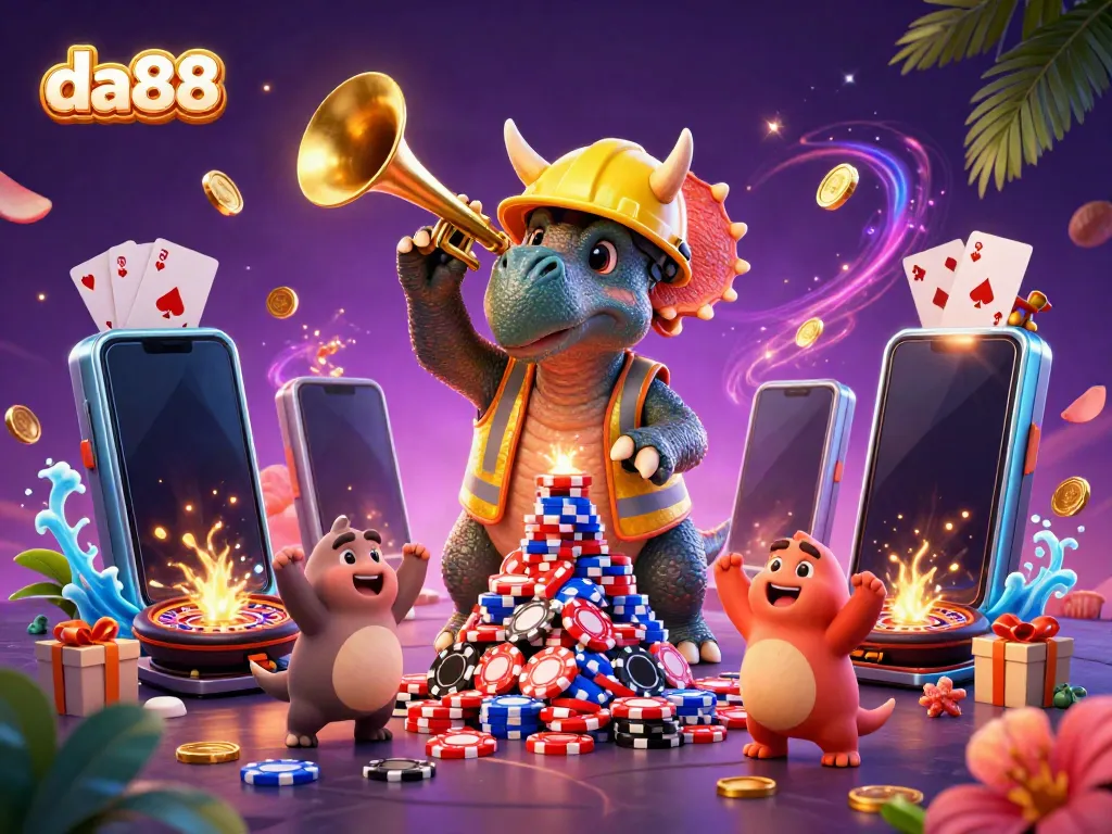 Exciting da88 gaming scene featuring a triceratops building a poker chip pyramid with celebrating dinosaurs.