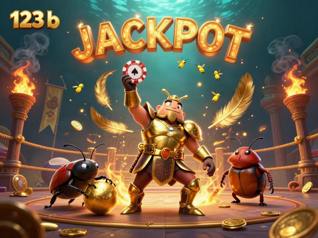 Engage with thrilling jackpots at 123 b as a victorious beetle character lifts a poker chip.