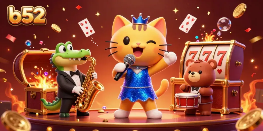 Experience the vibrant entertainment at b52 with colorful characters and dynamic casino game elements.