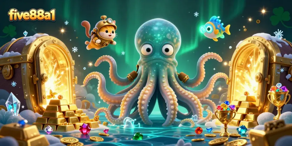 Experience the excitement at five88a1 with a vibrant 3D scene filled with treasure, a kraken, and a diving cat.