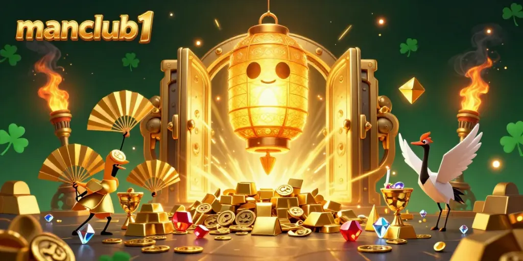 Experience the thrill of gaming with manclub1, featuring a vibrant golden lantern spirit and treasures bursting from a vault in a dynamic casino scene.