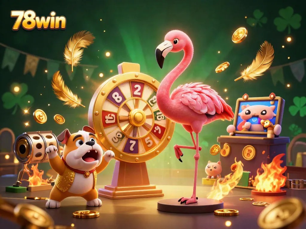 Spin to win at 78win casino with a vibrant game show scene featuring a flamingo and a bulldog!