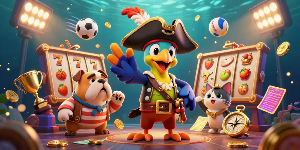 Engage in gaming action at hitclub-pro with pirate captain and friends amidst vibrant casino symbols.