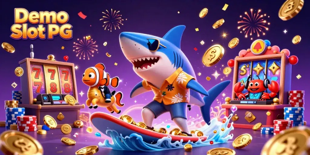 Experience the excitement of Demo Slot PG with a vibrant 3D scene featuring a shark, clownfish, and DJ crab.