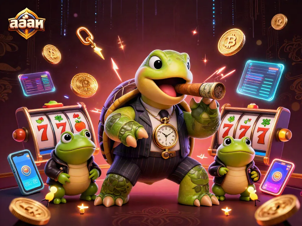 Spin the สล็อต reels with a cartoon turtle mobster and froggy enforcers amidst neon casino elements.