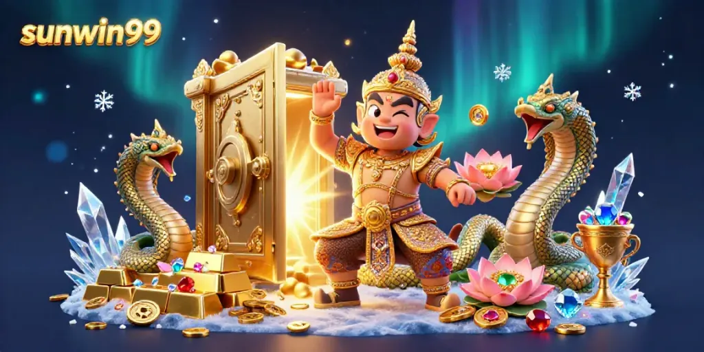 Experience slots excitement with sunwin99 in a vibrant, dynamic casino-themed illustration.