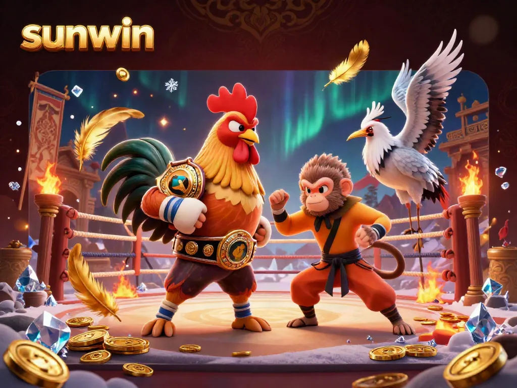 Engaging scene of sunwin-themed characters in a dynamic casino atmosphere, showcasing Muay Thai rooster and martial artists.
