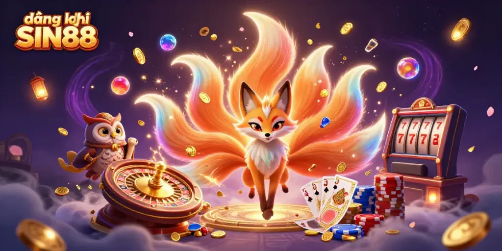 Engage with vibrant gaming magic in đăng ký SIN88, featuring a mystical nine-tailed fox and casino elements.