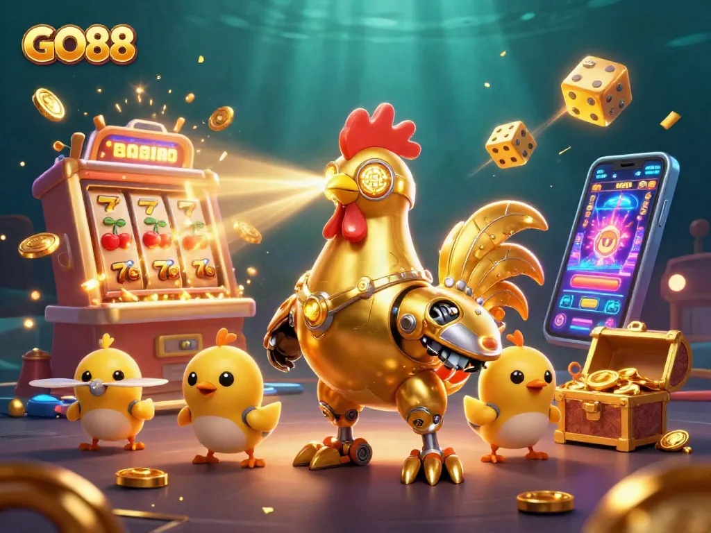 Experience the excitement of GO88 with a dynamic 3D illustration featuring playful robots and casino elements.