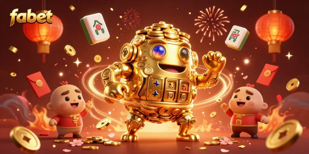 Experience the vibrant gameplay at fabet with a golden golem surrounded by celebratory casino elements.