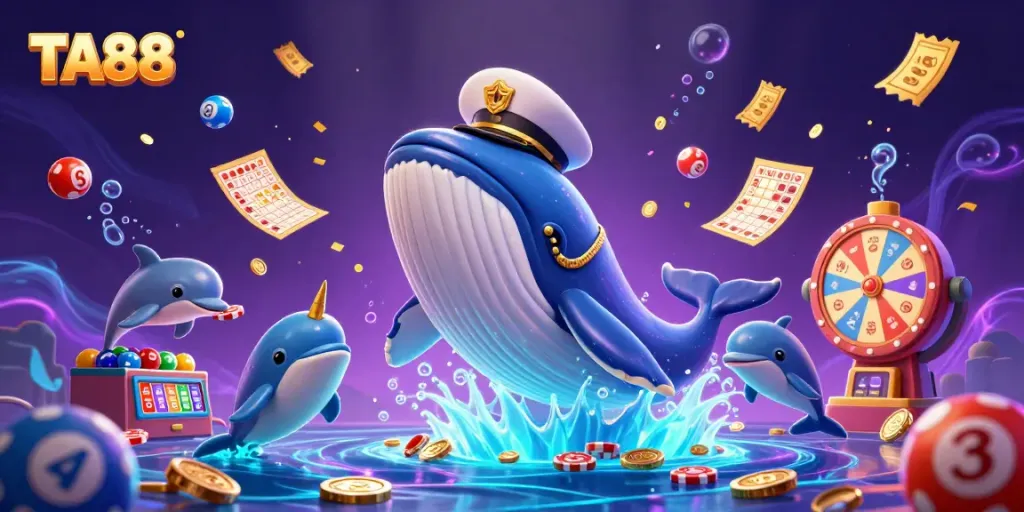 Engage with TA88 as a vibrant whale and playful dolphins immerse in a casino-themed treasure trove.