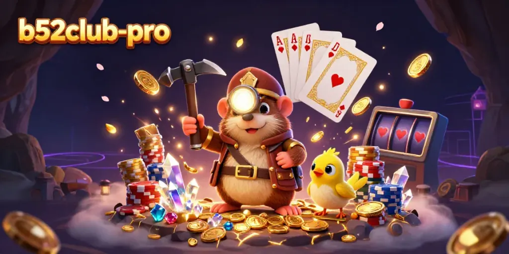 Experience the thrilling b52club-pro adventure with a treasure hunter mole discovering riches, sparkling coins, and cards.