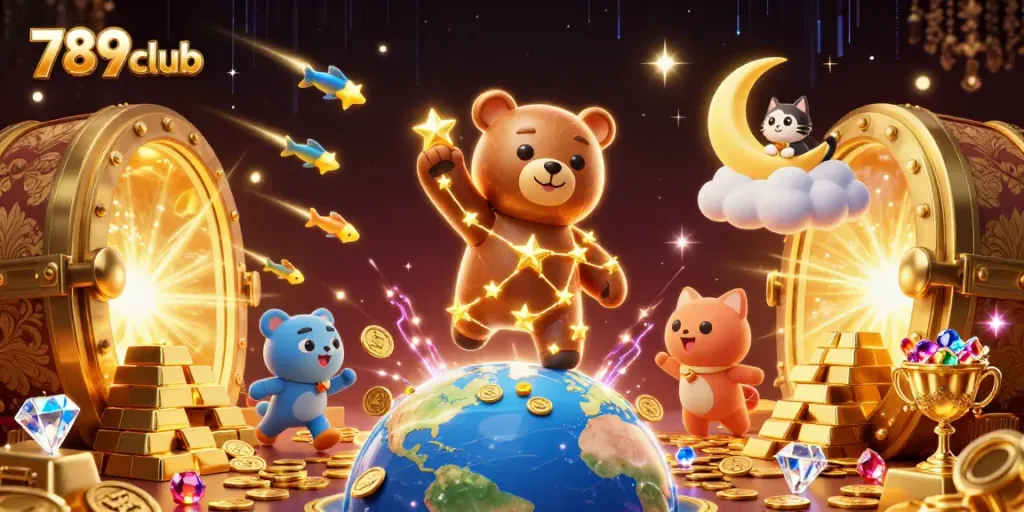 Engage with 789club's vibrant 3D casino world featuring gold treasures and whimsical characters.