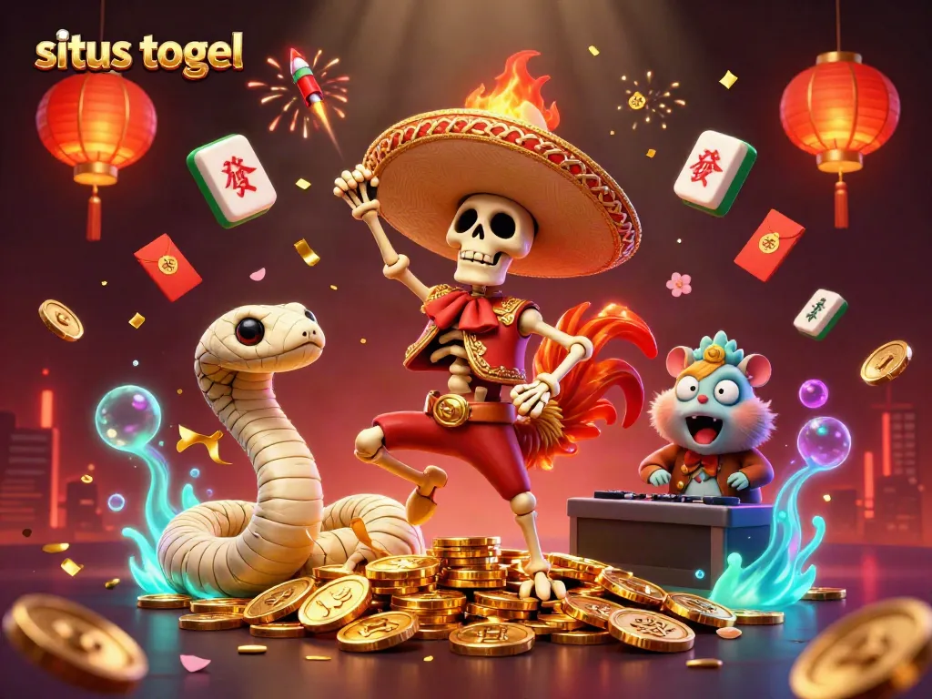 Situs togel promotional illustration featuring a mariachi rooster and a mummy snake celebrating on coins.