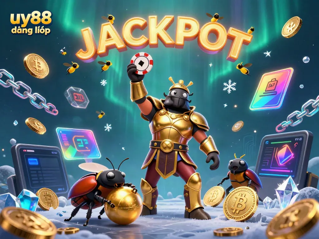 Engage in victory with uy88 đăng nhập as a hercules beetle triumphantly lifts a poker chip amidst a vibrant casino scene.