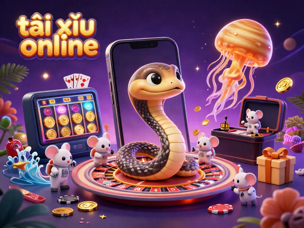 Experience thrilling tài xỉu online action with betting astronaut mice and a cosmic dealer in this vibrant illustration.