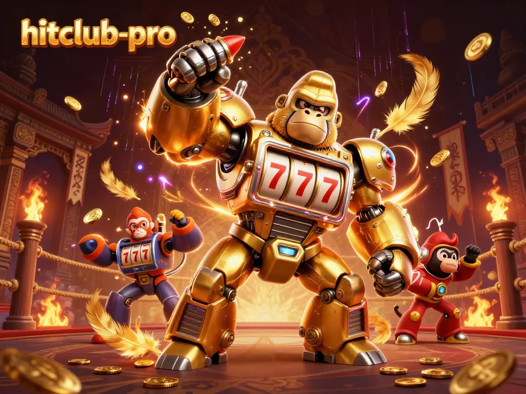 Experience thrilling gameplay at hitclub-pro with a golden gorilla mech amidst dynamic casino elements.