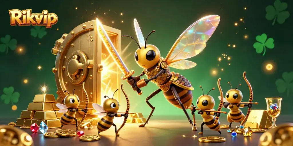 Engage with Rikvip's thrill as the golden hornet samurai leads a treasure-filled adventure in this vibrant scene.