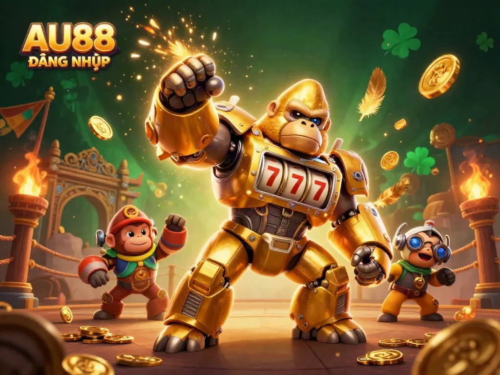 Engage in excitement with AU88 ĐĂNG NHẬP as a golden gorilla mech slams through coins in a dynamic casino scene.