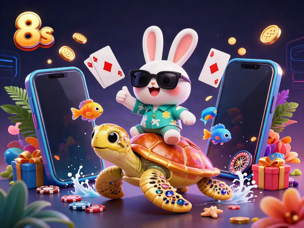 Experience thrilling gaming with 8s as the lucky rabbit and golden turtle celebrate casino wins.