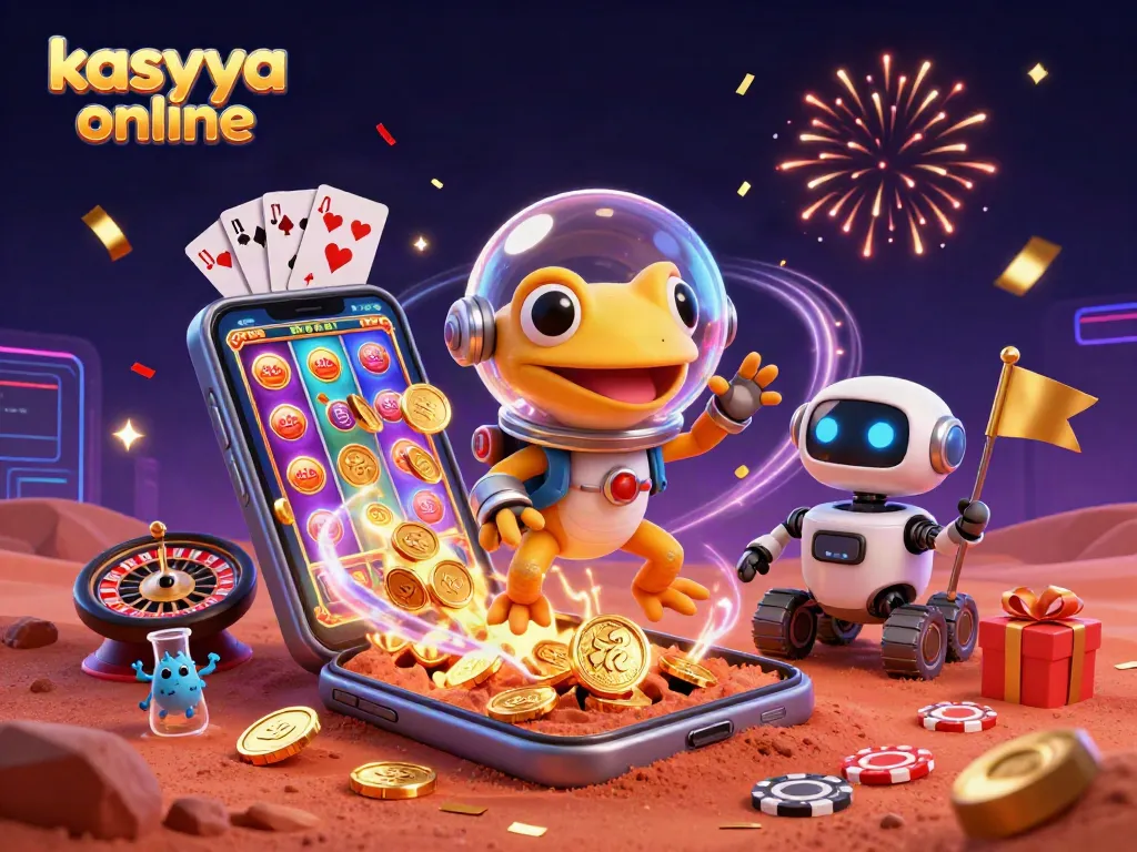 Dynamic celebration at kasyna online with a Martian gecko discovering a golden casino.