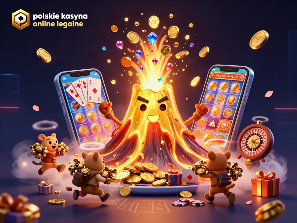 Engage in polskie kasyna online legalne with a vivid scene featuring a triumphant volcano and gamers.