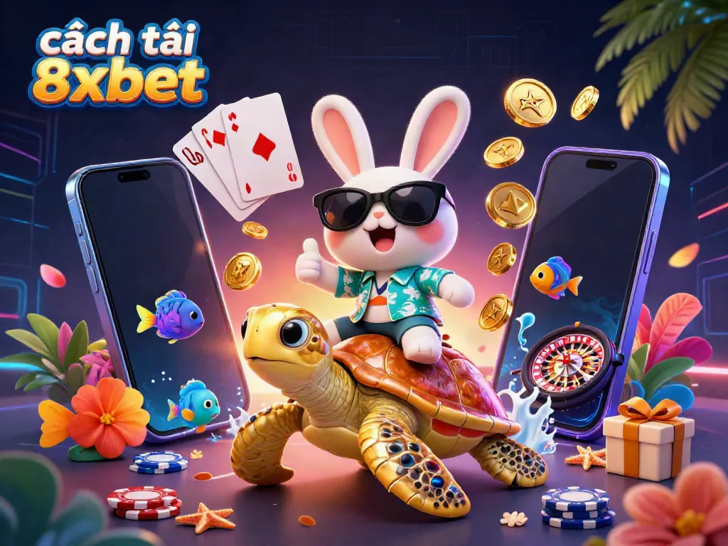Experience how to download 8xbet with a vibrant illustration of a lucky rabbit and turtle in a casino scene.
