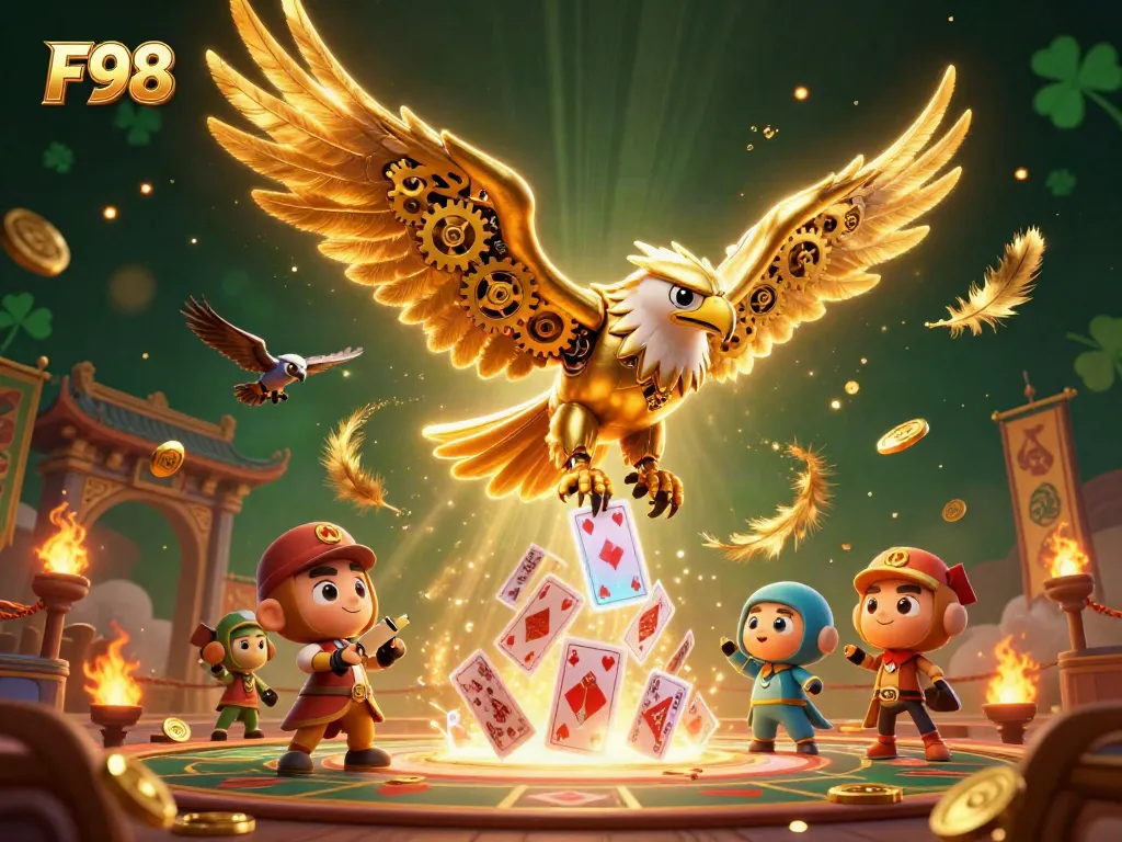 Experience thrilling gameplay with F98 in this vibrant 3D casino scene featuring a dynamic cybernetic eagle.