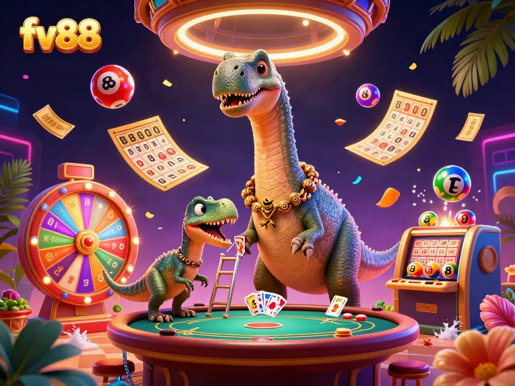 Experience thrilling gaming with fv88, featuring vibrant characters amidst lively casino elements.